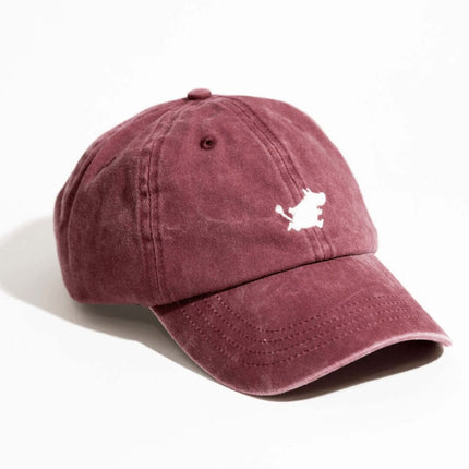 Embroidered burgundy dad cap featuring a playful character, perfect for summer adventures and casual outings.