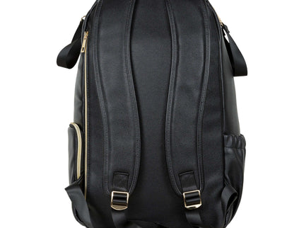 Large diaper backpack in black with adjustable straps and side pocket for easy organization and accessibility.
