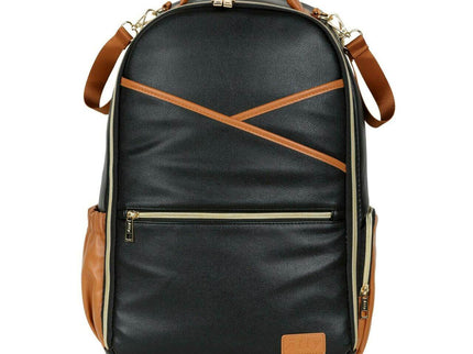 Large black coffee diaper backpack with stylish tan accents and multiple storage compartments.