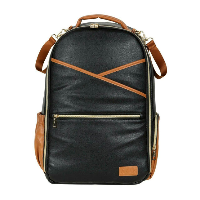 Large black coffee diaper backpack with stylish tan accents and multiple storage compartments.