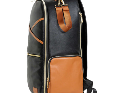 Large black coffee diaper backpack with tan accents, designed for stylish and organized parents.