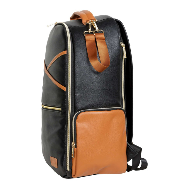 Large black coffee diaper backpack with tan accents, designed for stylish and organized parents.