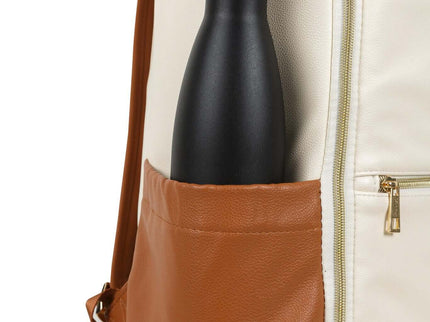 Small diaper backpack in cappuccino color with a water bottle in the side pocket.