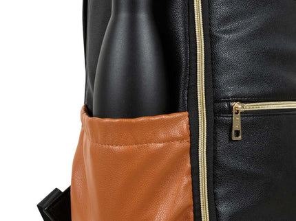 Large Black Coffee diaper backpack featuring a side pocket for a water bottle.