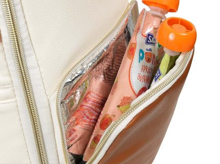 Close-up of small diaper backpack pocket showing snacks and baby food containers.