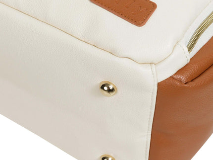 Close-up of the Small Diaper Backpack in Cappuccino, showcasing its cream and brown color, durable material, and stylish design.