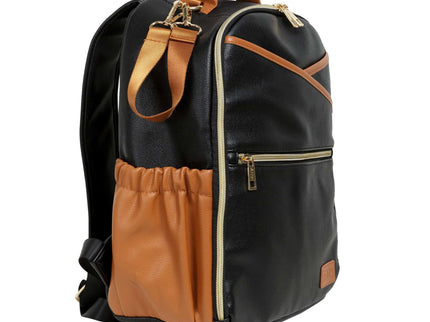 Stylish black coffee diaper backpack with orange accents and multiple pockets for organized parenting.
