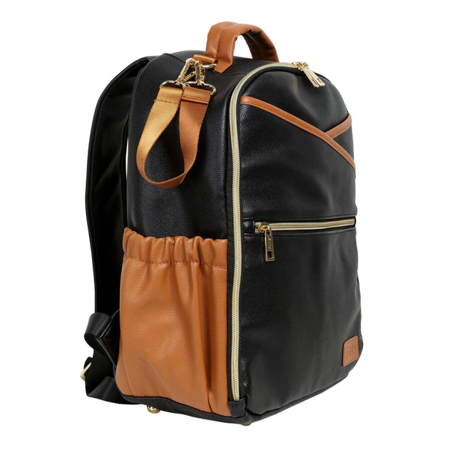 Stylish black coffee diaper backpack with orange accents and multiple pockets for organized parenting.