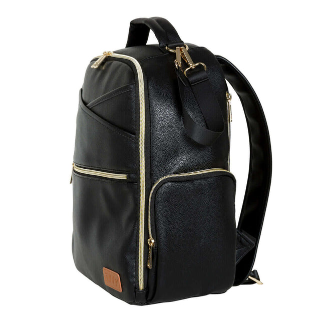 Stylish black small diaper backpack with gold zippers and multiple pockets for parents on the go.