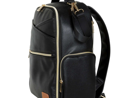 Large black diaper backpack with gold zippers and multiple pockets, perfect for stylish and organized parents.