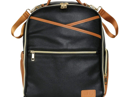 Stylish black coffee diaper backpack with leather accents, perfect for organized parents on the go.