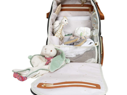 Interior view of a large black coffee diaper backpack with organized compartments for baby essentials like toys and clothes.