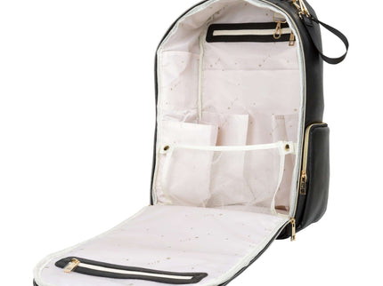 Interior view of a large black diaper backpack with multiple organizing pockets and a spacious design.