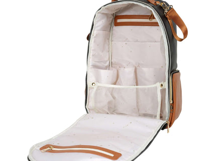 Interior view of a spacious black coffee diaper backpack with organized compartments and a stylish design.