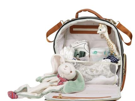 Small Diaper Backpack in cappuccino color, showcasing organized compartments for baby essentials.