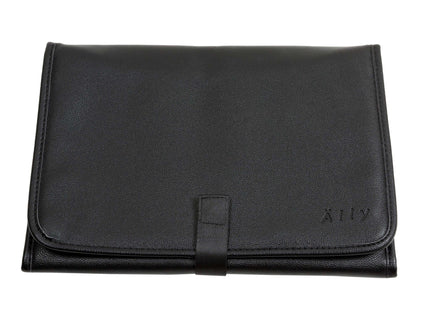 Black leather clutch bag with a sleek design and a secure closure.