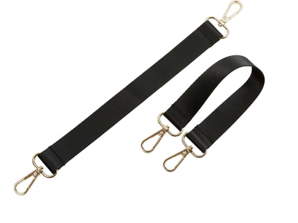 Black accessory straps with gold clips for bags, offering versatility and durability for everyday use.
