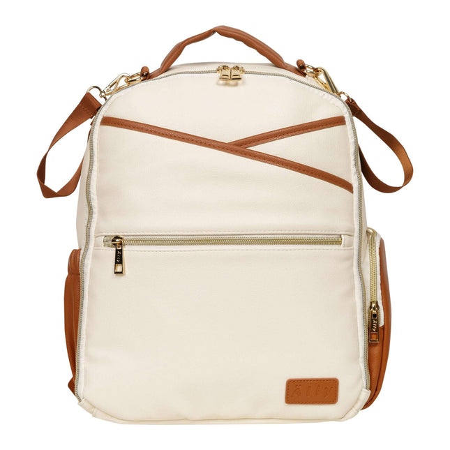 Stylish small diaper backpack in cappuccino with multiple pockets and gold zipper accents.
