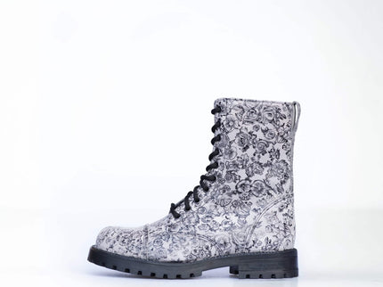 511 Gray Flower Leather Boots – Unisex Handmade Punk - Style All - Season Boots - Daily Nomad