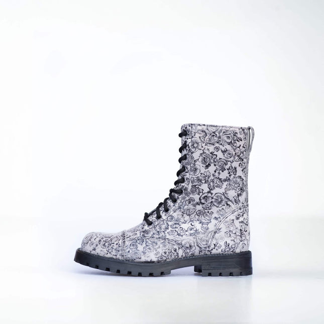 511 Gray Flower Leather Boots – Unisex Handmade Punk - Style All - Season Boots - Daily Nomad