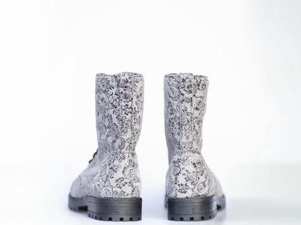511 Gray Flower Leather Boots – Unisex Handmade Punk - Style All - Season Boots - Daily Nomad