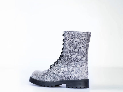 511 Gray Flower Leather Boots – Unisex Handmade Punk - Style All - Season Boots - Daily Nomad
