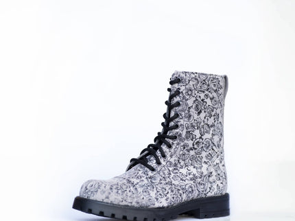 511 Gray Flower Leather Boots – Unisex Handmade Punk - Style All - Season Boots - Daily Nomad