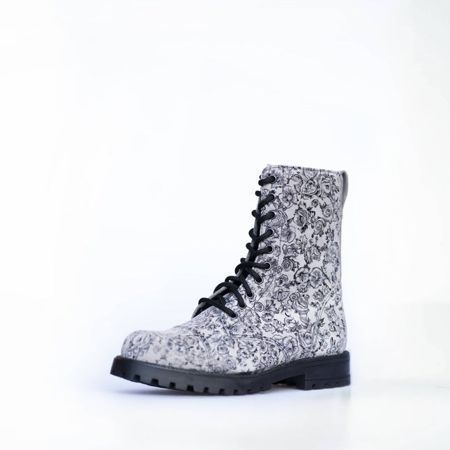 511 Gray Flower Leather Boots – Unisex Handmade Punk - Style All - Season Boots - Daily Nomad