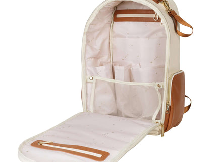 Interior view of the Small Diaper Backpack in Cappuccino with organized compartments and easy-access design.