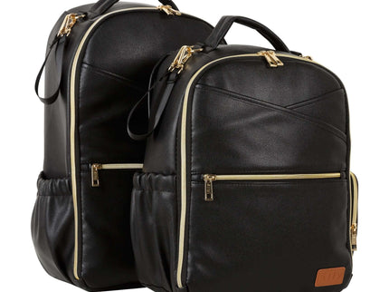 Large Espresso Diaper Backpack set in sleek black leather with gold zippers, showcasing stylish and functional design.