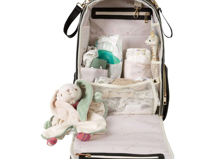 Large diaper backpack in espresso color, open, showcasing organized compartments and baby essentials.