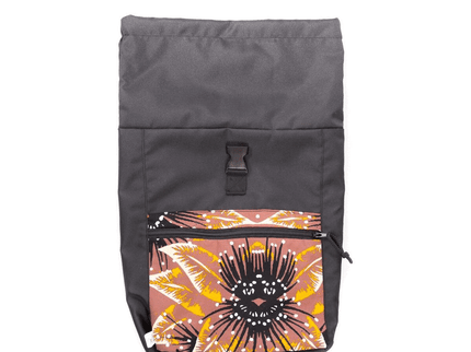Heart Ribbon waterproof backpack with vibrant floral design and roll-top closure for style and functionality.