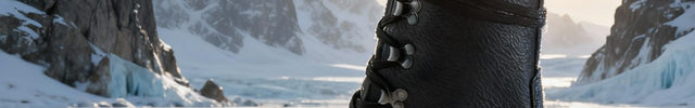 Black M77 Norwegian Combat Boot Winter Edition in a snowy landscape with mountainous background