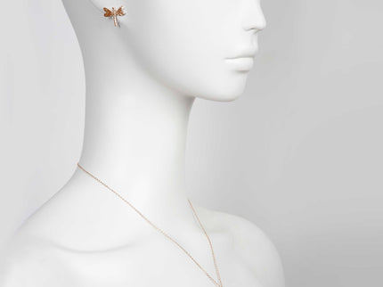 Model wearing rose gold-plated Dragonfly earring with matching necklace