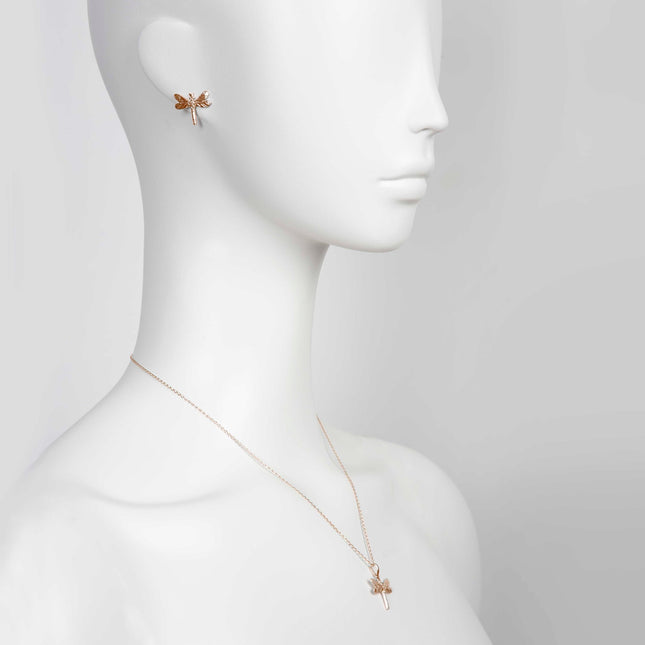 Model wearing rose gold-plated Dragonfly earring with matching necklace