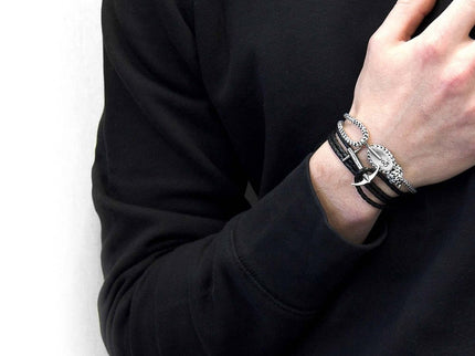 Admiral Anchor Silver and Braided Leather Bracelet – Coal Black | Anchor & Crew - Daily Nomad