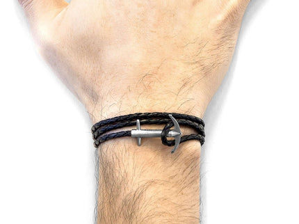 Admiral Anchor Silver and Braided Leather Bracelet – Coal Black | Anchor & Crew - Daily Nomad