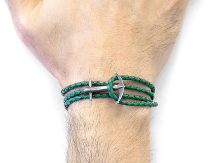 Admiral Anchor Silver and Braided Leather Bracelet – Fern Green by ANCHOR & CREW - Daily Nomad