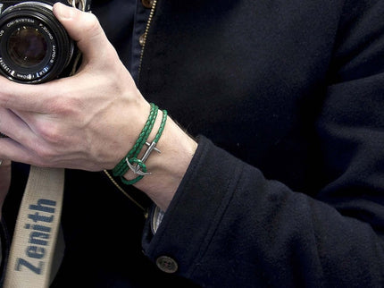 Admiral Anchor Silver and Braided Leather Bracelet – Fern Green by ANCHOR & CREW - Daily Nomad