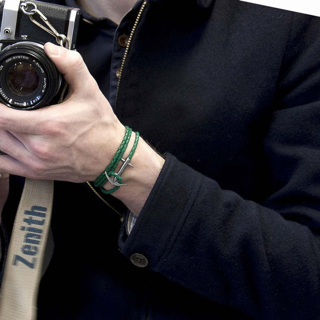 Admiral Anchor Silver and Braided Leather Bracelet – Fern Green by ANCHOR & CREW - Daily Nomad