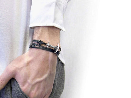 Admiral Anchor Silver and Flat Leather Bracelet – Coal Black by ANCHOR & CREW - Daily Nomad