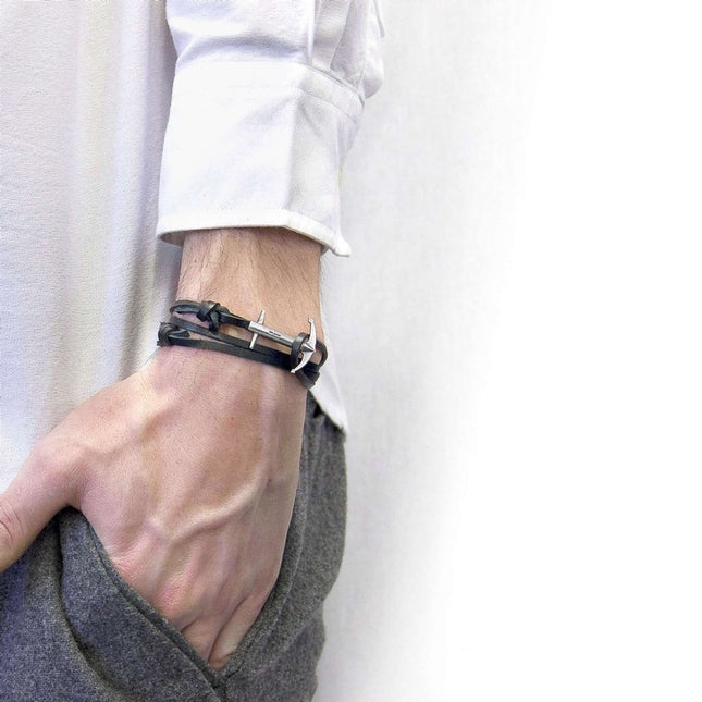 Admiral Anchor Silver and Flat Leather Bracelet – Coal Black by ANCHOR & CREW - Daily Nomad