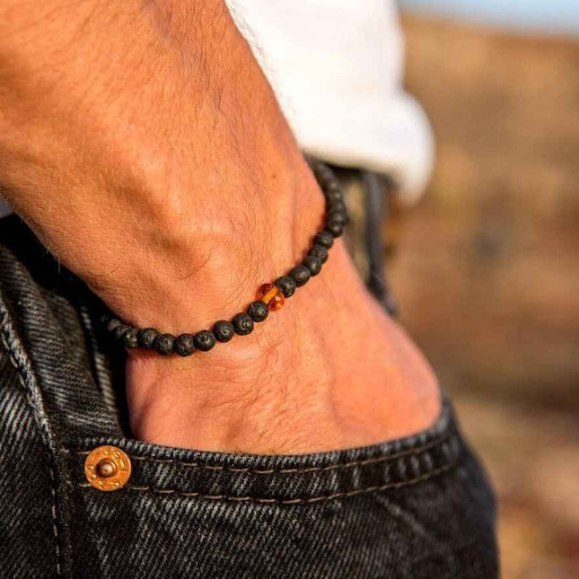 Baltic Amber and Black Lava Bracelet for Men - Daily Nomad