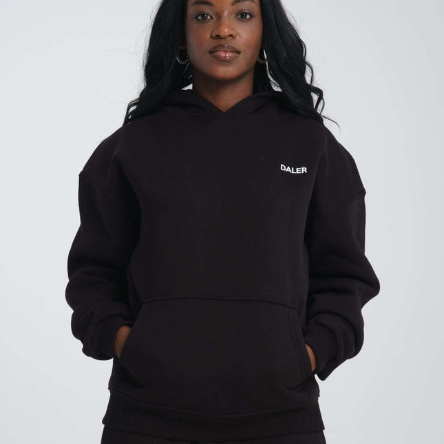 Basic heavyweight black hoodie with DALER embroidery, oversized fit model, 380 gsm, women’s fashion, made in Turkey.