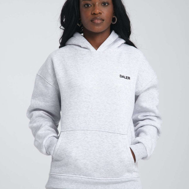 Basic Heavyweight Grey Melange Hoodie, oversized fit, DALER embroidery, model wearing size S, made in Turkey.