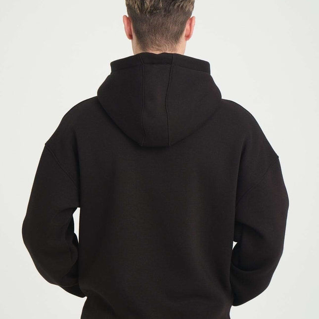 Back view of Basic Heavyweight Zipper Hoodie in Black, showing oversize fit and DALER embroidery detail.
