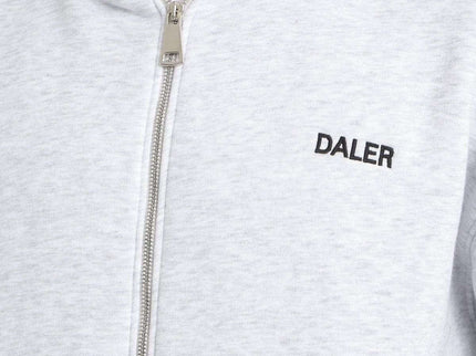 Close-up of Basic Heavyweight Zipper Hoodie in Grey Melange with DALER embroidery on chest.