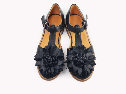 Daz Studio – Handmade Fisherman - Style Leather Sandals - Black Flower - Daily Nomad