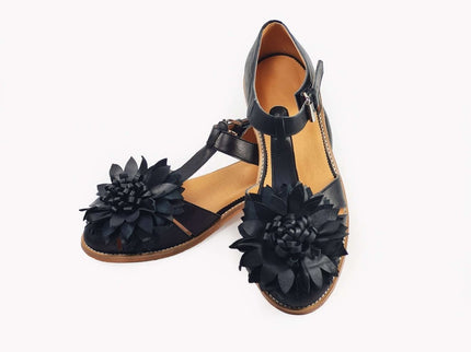 Daz Studio – Handmade Fisherman - Style Leather Sandals - Black Flower - Daily Nomad