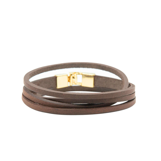 Double wrap leather bracelet in brown with gold T-bar clasp; refined simplicity for casual or dressy looks.